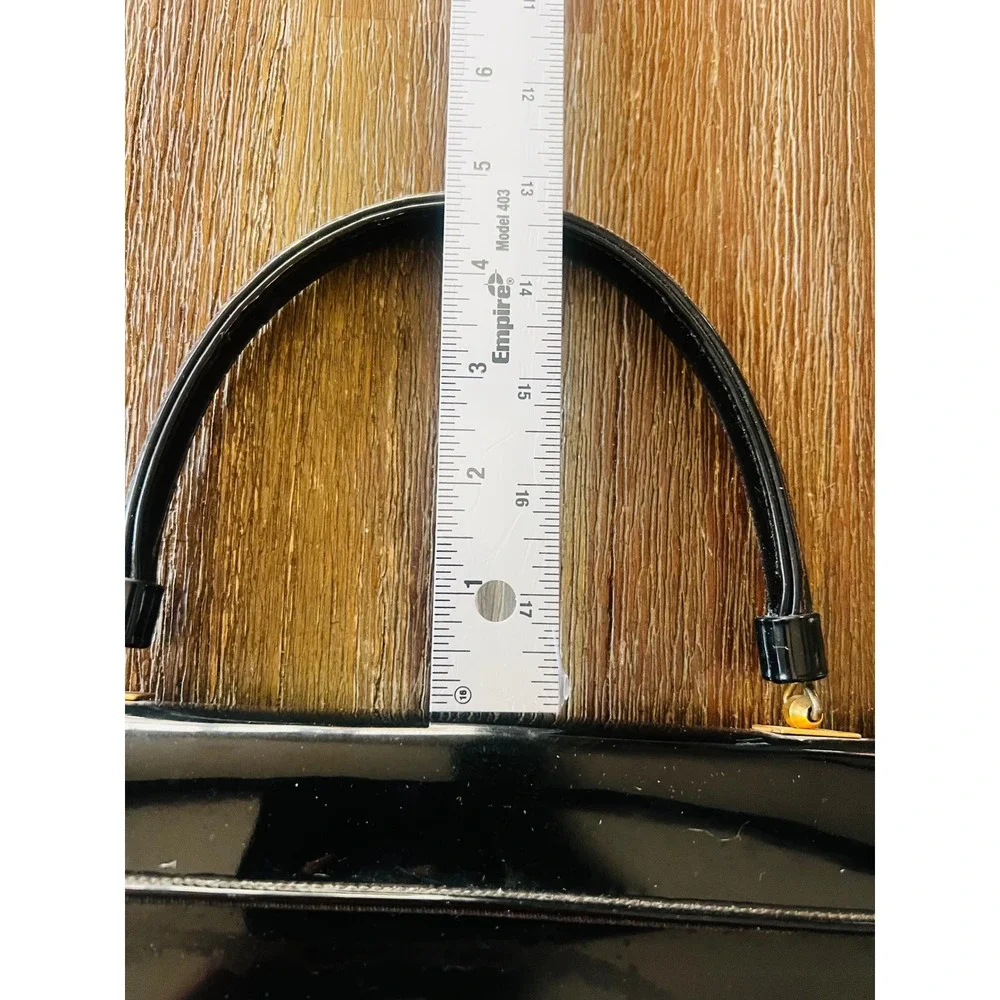 Vintage Lewis Black Patent Leather Handbag Structured Top Handle Gold Hardware